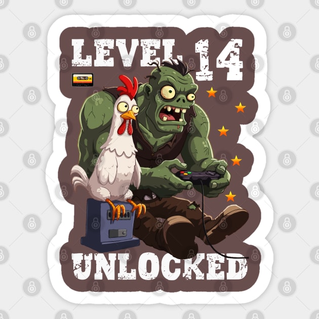 Level 14 Unlocked, Birthday - Zombie And Chicken Sticker by Megadorim